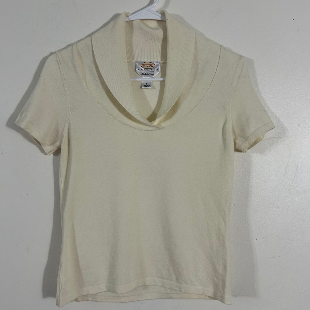 Talbots Short Sleeve Sweater Women SP Ivory Shawl‎ Collar Made in Italy